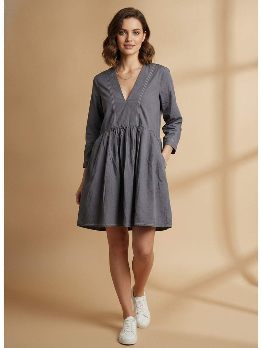 Zara Grey Cotton Tunic Dress USA S Small V-Neck Contrast Stitching